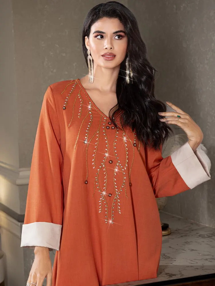 Hand-stitched Rhinestone Eid Caftan Kaftan Dress #255007