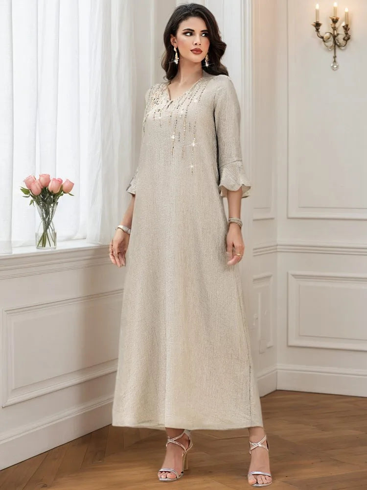 Flare Sleeve Hotfix Rhinestone Beads Wrinkle Eid Caftan Kaftan Dress #255097