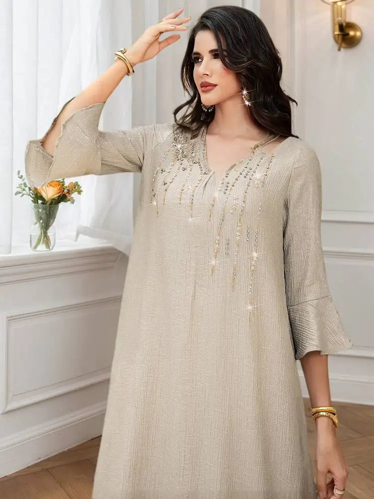 Flare Sleeve Hotfix Rhinestone Beads Wrinkle Eid Caftan Kaftan Dress #255097