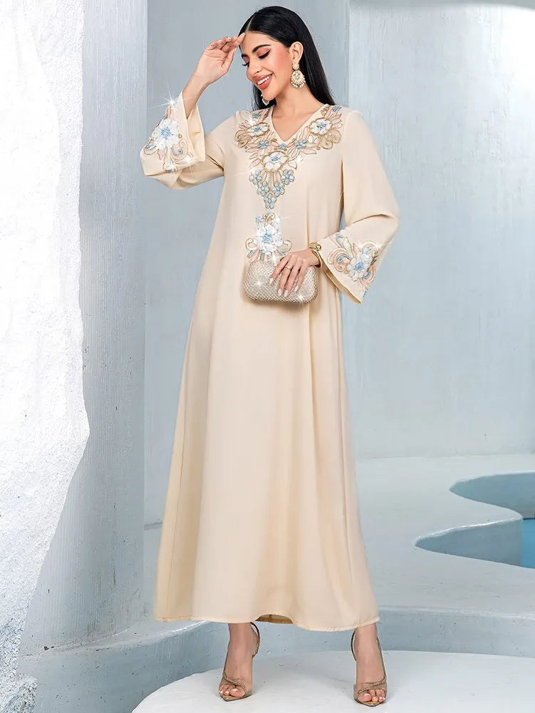 Flower Embroidery Beads Eid Caftan Kaftan Dress #254120