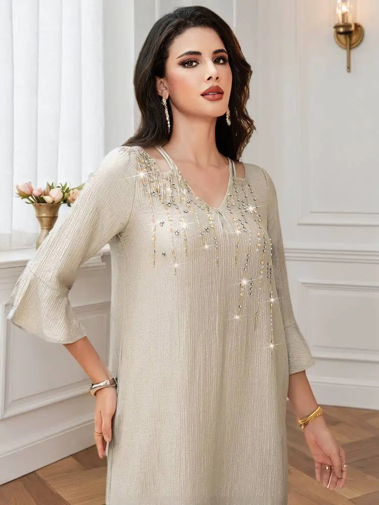 Flare Sleeve Hotfix Rhinestone Beads Wrinkle Eid Caftan Kaftan Dress #255097