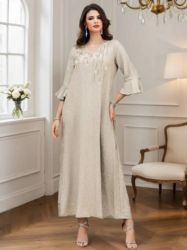 Flare Sleeve Hotfix Rhinestone Beads Wrinkle Eid Caftan Kaftan Dress #255097