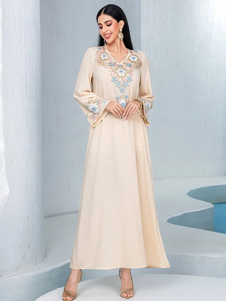 Flower Embroidery Beads Eid Caftan Kaftan Dress #254120