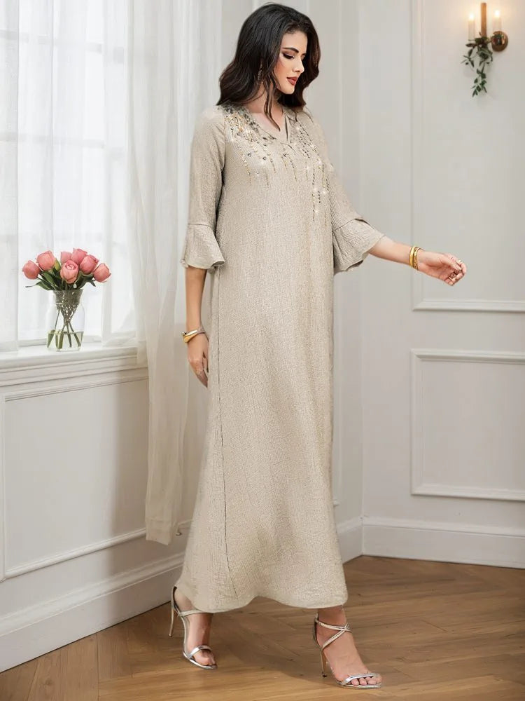 Flare Sleeve Hotfix Rhinestone Beads Wrinkle Eid Caftan Kaftan Dress #255097