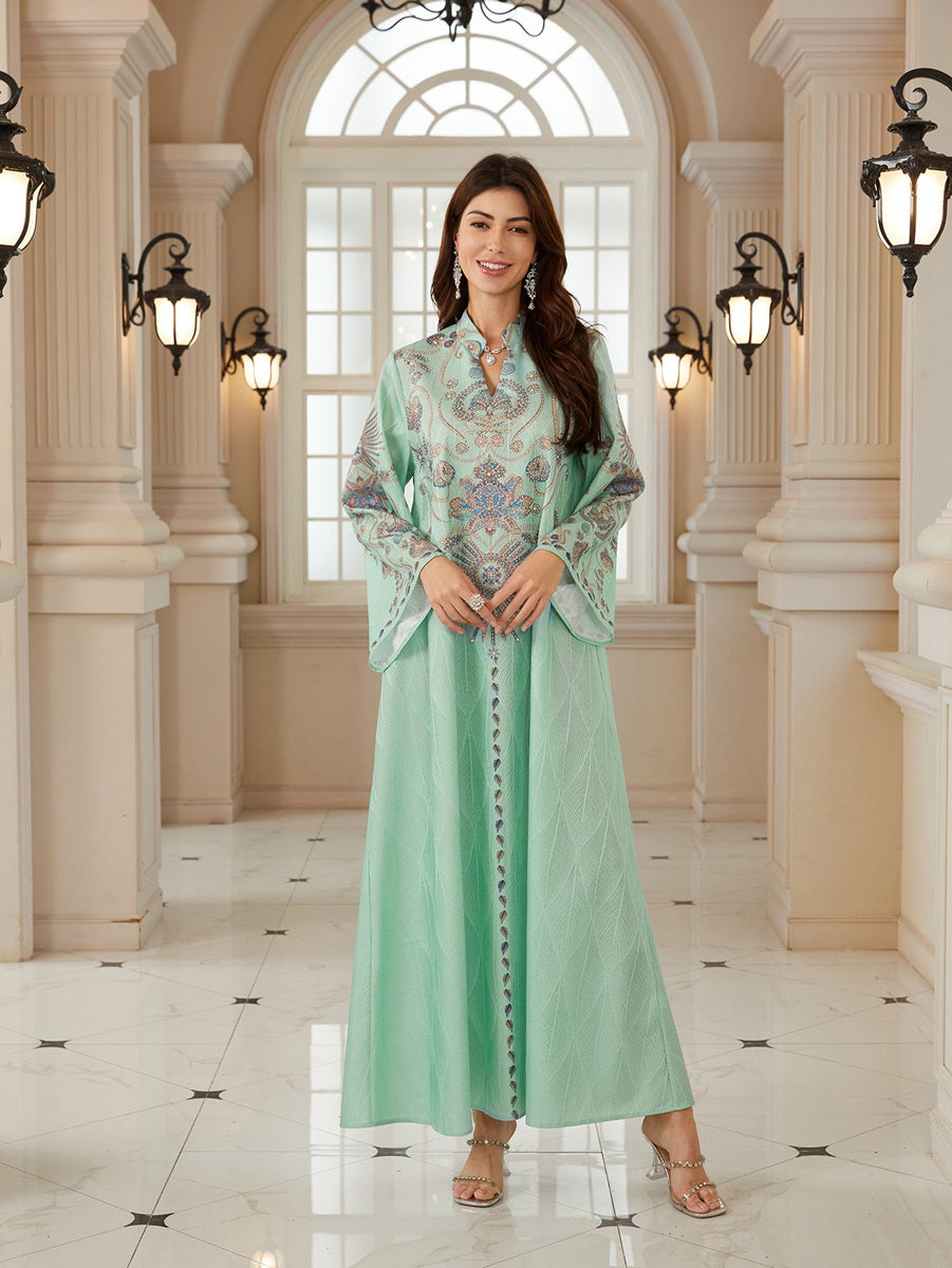 Hotfix Rhinestones Printed Caftan Kaftan Dress For Women - Jacquard Mukhawar Jalabiya Eid Dress - #26N04