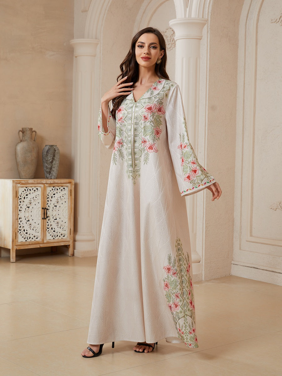 Hotfix Rhinestones Printed Caftan Kaftan Dress For Women - Jacquard Mukhawar Jalabiya Eid Dress - Apricot - #26N10