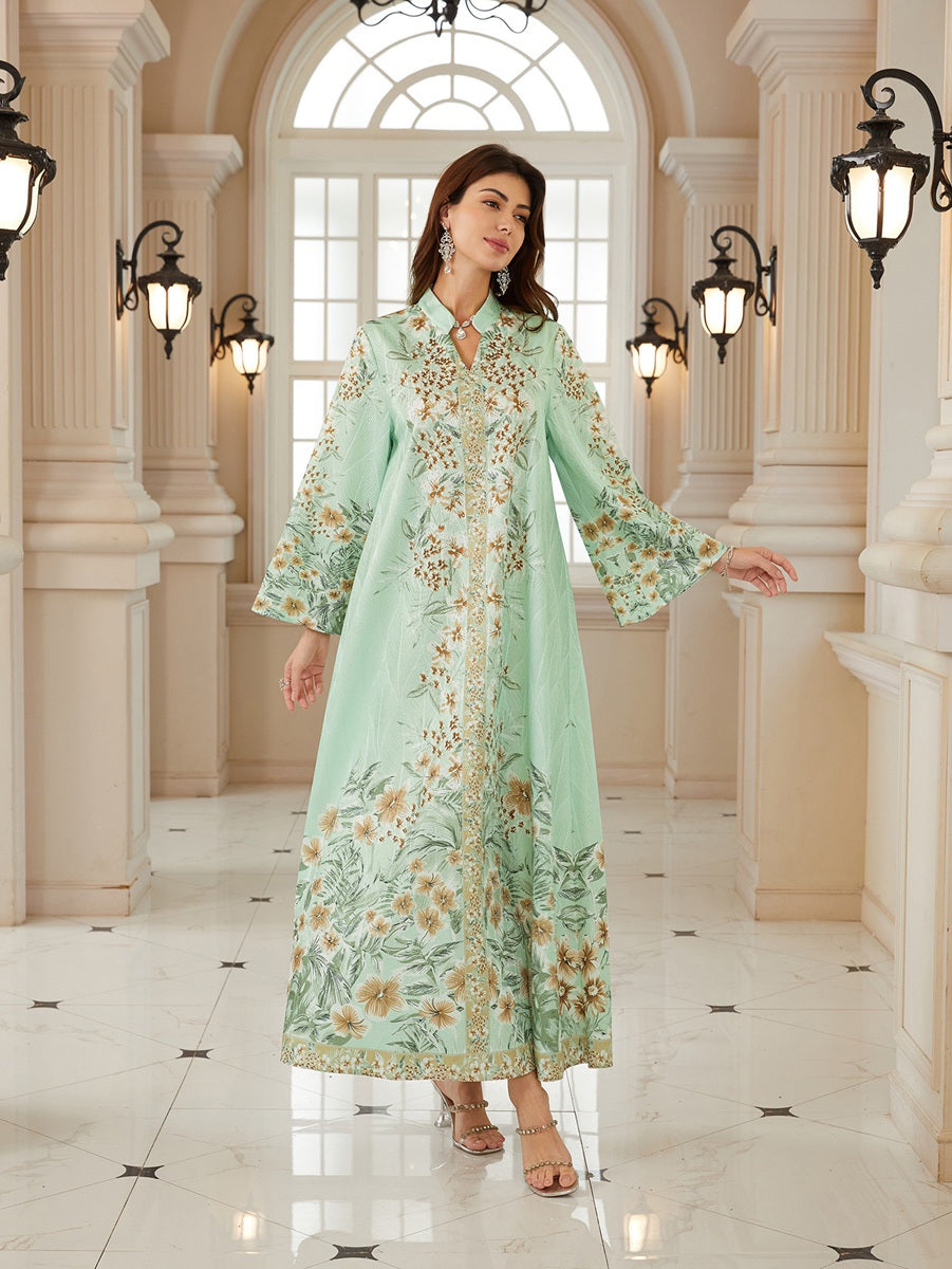 Hotfix Rhinestones Printed Caftan Kaftan Dress For Women - Jacquard Mukhawar Jalabiya Eid Dress - #26N07
