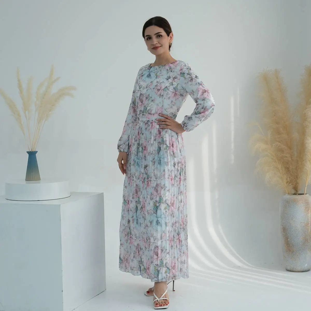 Muslim Women Pleated Chiffon Printed Abaya Dress