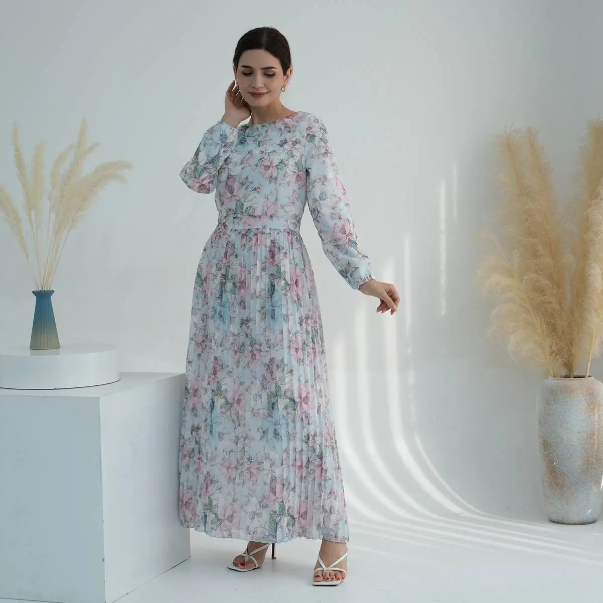 pleated dress muslimah Evening Dresses Long Sleeve Floral Pleated Skirt Muslim Abaya Dress Dubai Kimono Turkey Kaftan Black at Amazon Women's Clothing store
