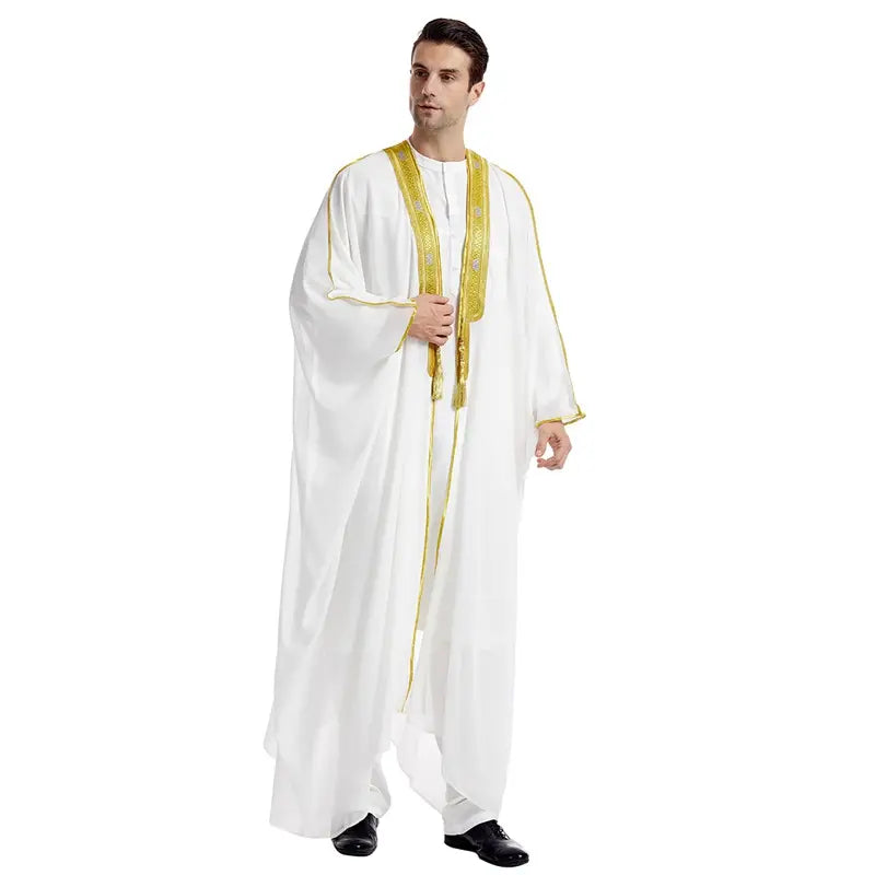 Men's Traditional Arab Bisht Cloak (Mishlah) - Flowing Saudi Style Bisht with Gold Embroidery for Weddings & Formal Events - M, Tan Men's Traditional Arab Bisht Cloak (Mishlah) - Flowing Saudi Style Bisht with Gold Embroidery for Weddings & Formal Events - M, Tan
