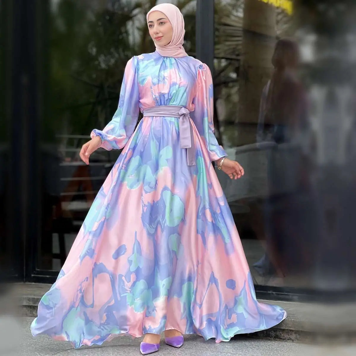 Printed Muslim Women Satin Abaya Dress L / Green Printed Muslim Women Satin Abaya Dress L / Green
