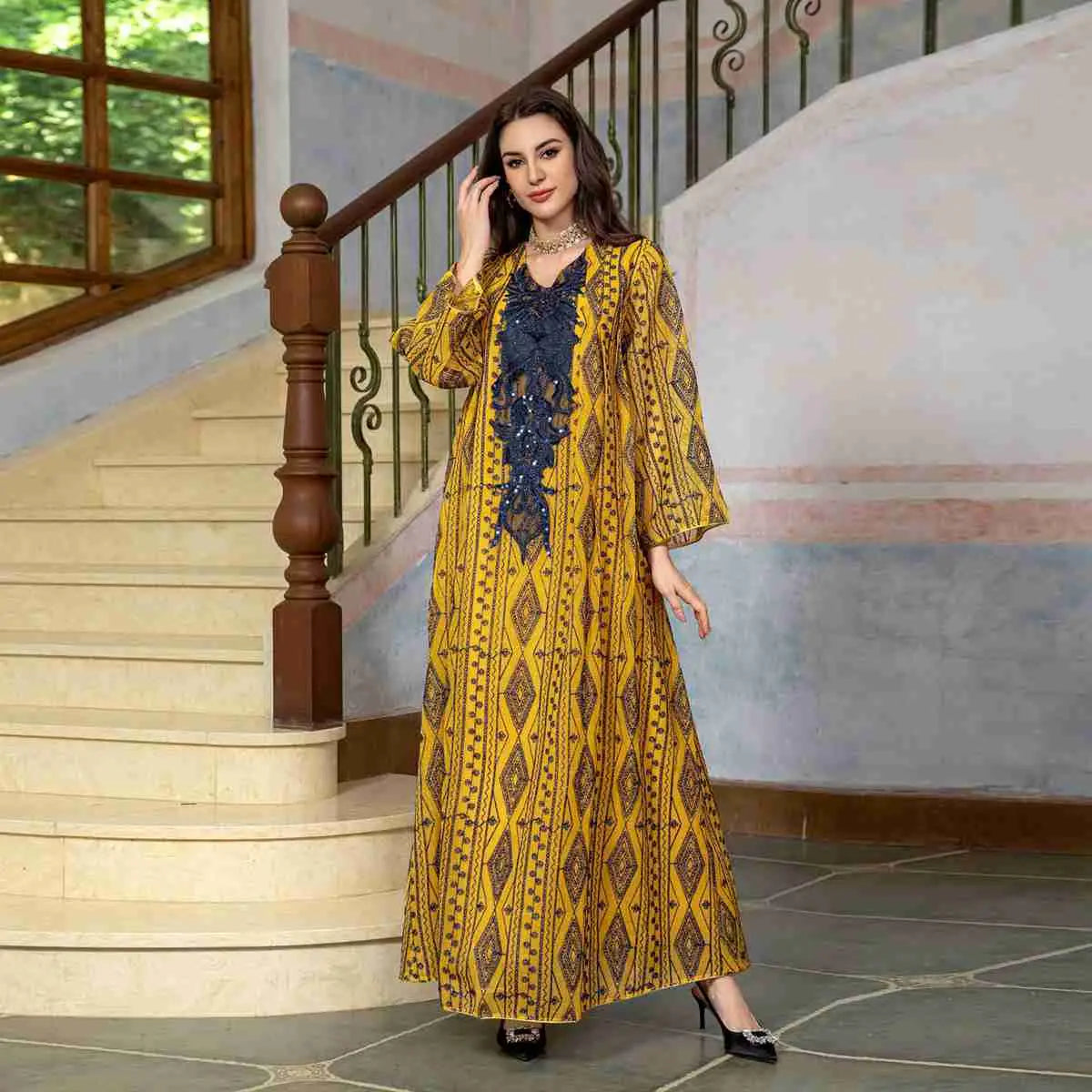 Arab Doris Embroidery Sequins Women Caftan Kaftan Dress