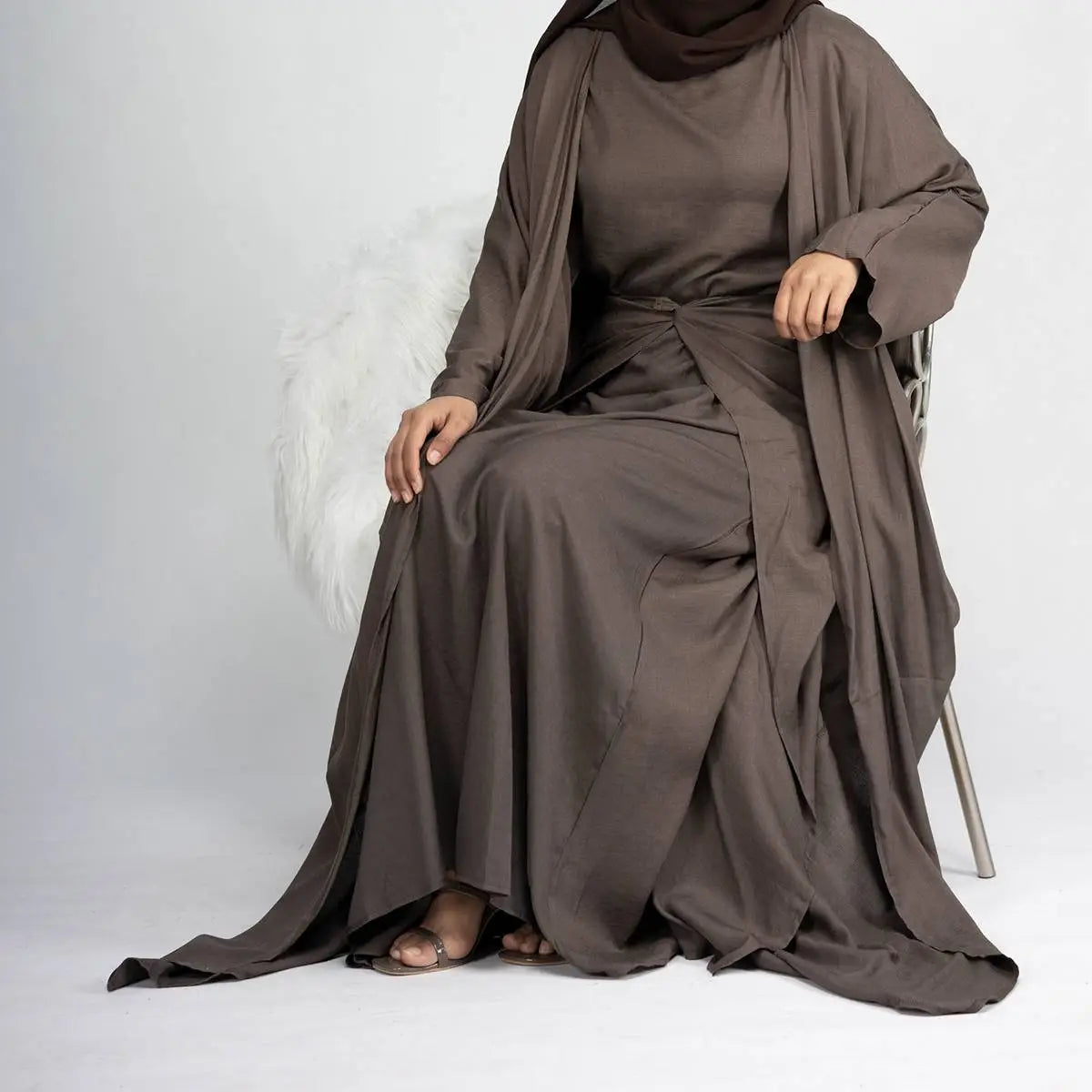 4 Pieces Set Muslim Open Abaya Dress, With Scarf, Out Abaya, Mid Wrap And Inner Dress