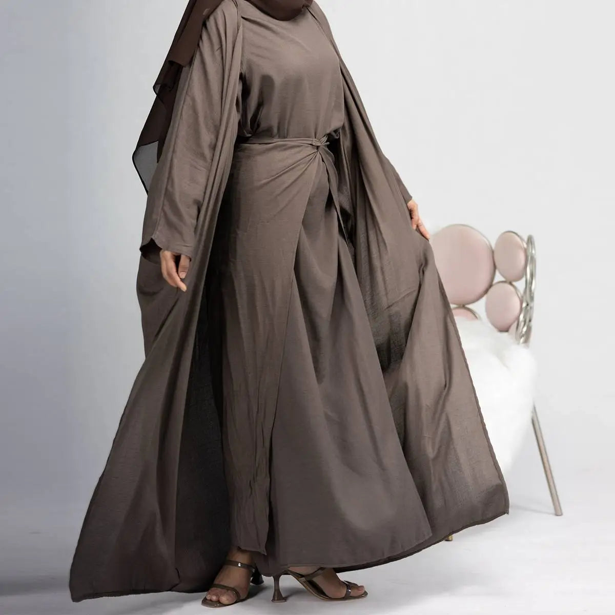 4 Pieces Set Muslim Open Abaya Dress, With Scarf, Out Abaya, Mid Wrap And Inner Dress