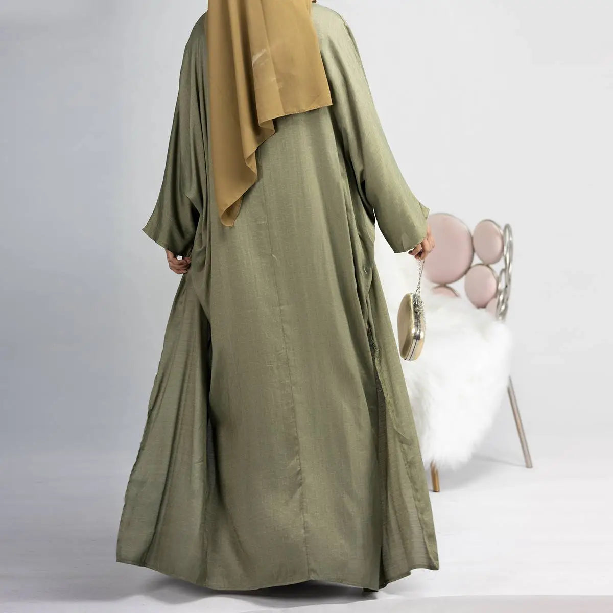4 Pieces Set Muslim Open Abaya Dress, With Scarf, Out Abaya, Mid Wrap And Inner Dress