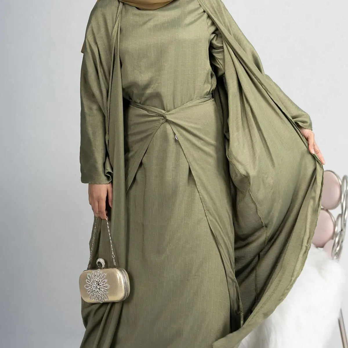 4 Pieces Set Muslim Open Abaya Dress, With Scarf, Out Abaya, Mid Wrap And Inner Dress