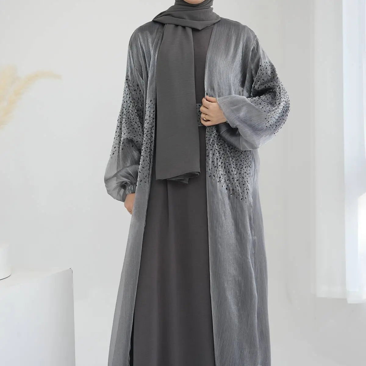 2 Pieces Set Bright Wrinkle Puff Sleeve Open Abaya Dress