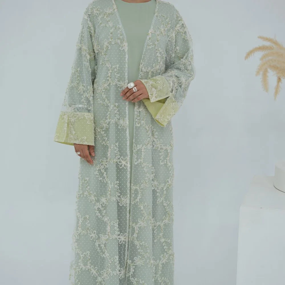 3 Pieces Set Lace Textured Floral Open Abaya Dress With Nida Abaya Dress And Matching Hijab #251074