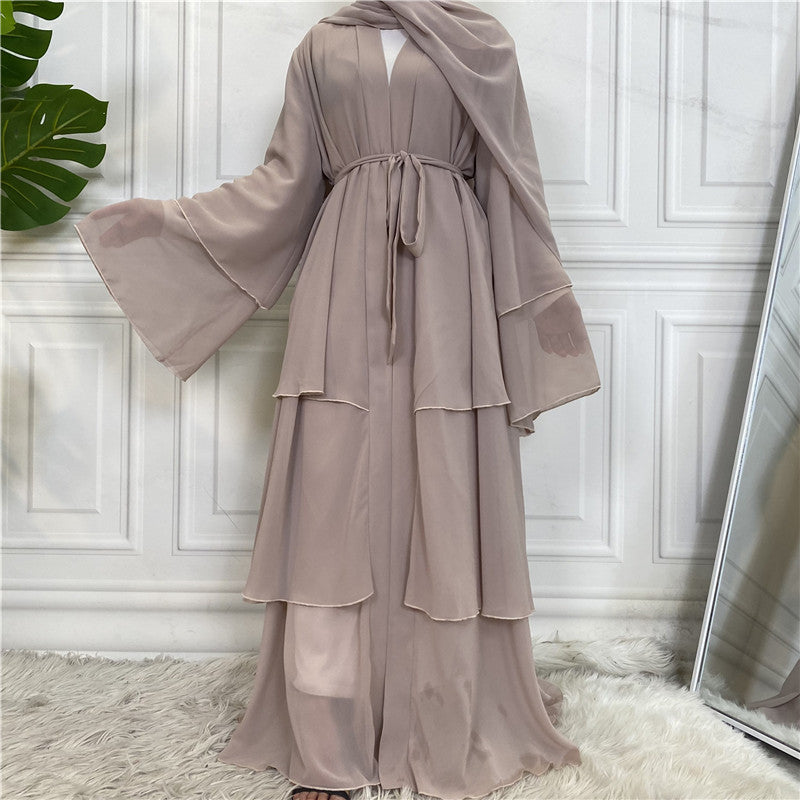 Apricot - S & L - 3 Layer Chiffon Open Abaya Dress