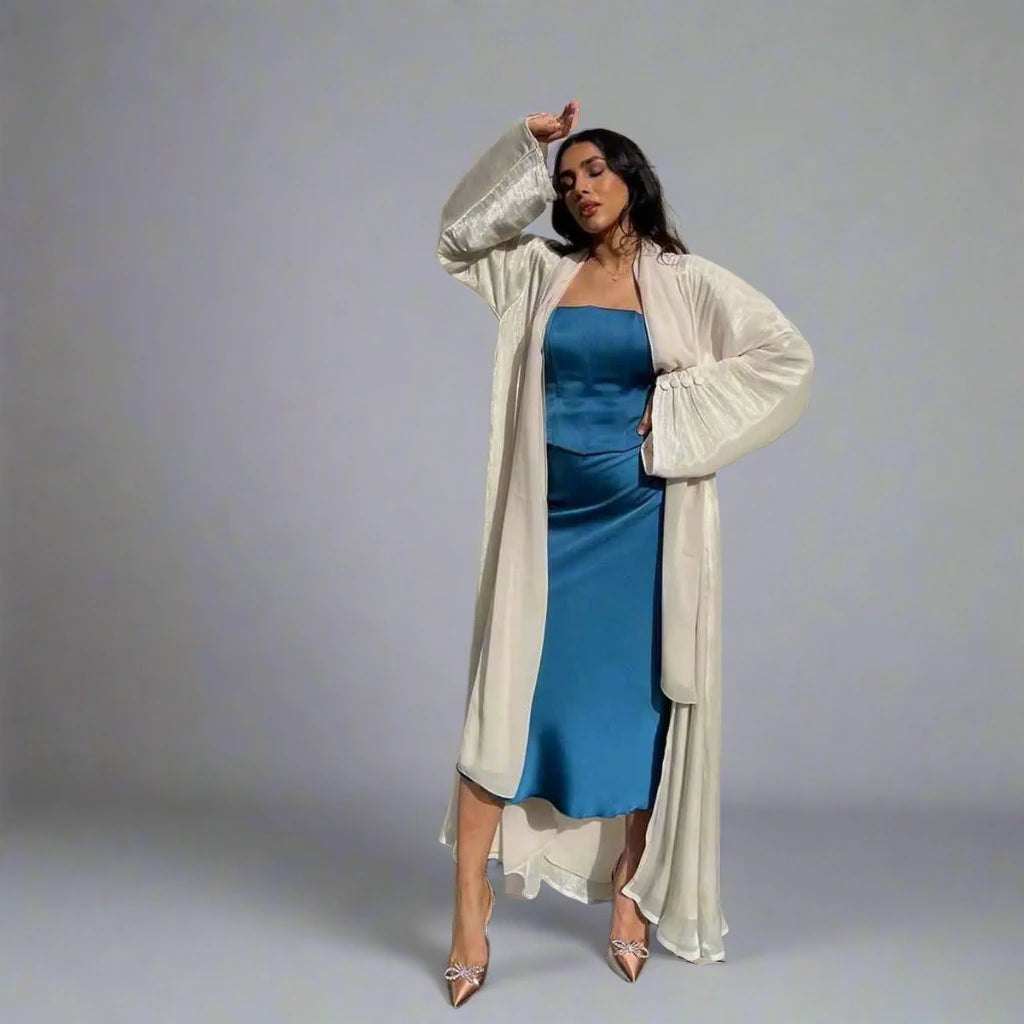 Urgarment Cardigan Open Abaya Dress - Bright Satin - Pink/Light Green/Apricot/Red