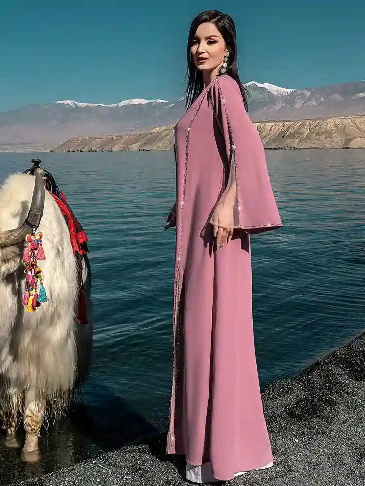 Hand-stitched Rhinestone Beads Cardigan Open Abaya Dress #254078