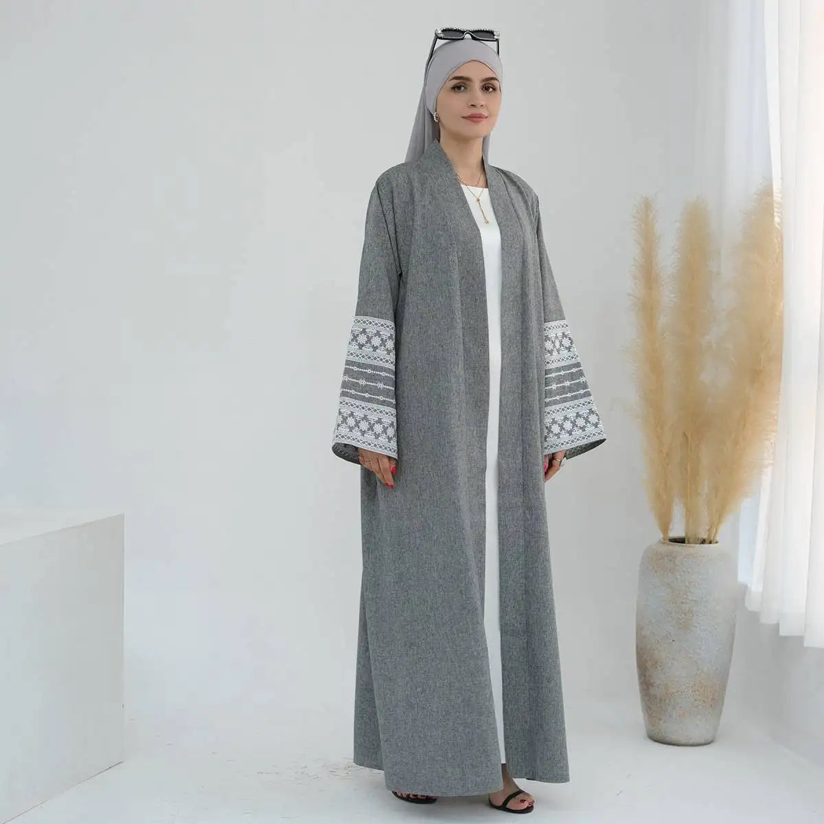 Embroidery Sleeve Cardigan Open Abaya Dress