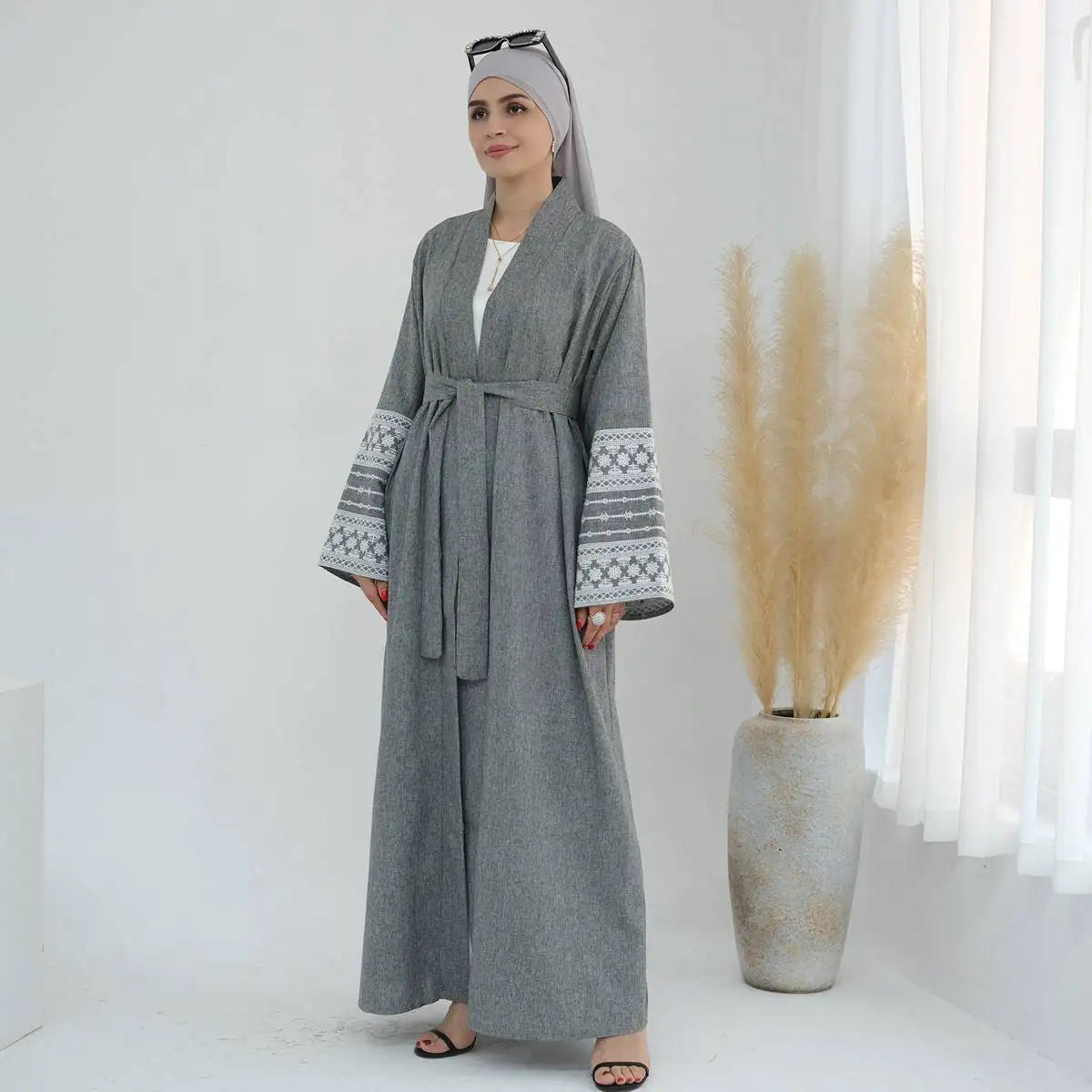 Embroidery Sleeve Cardigan Open Abaya Dress