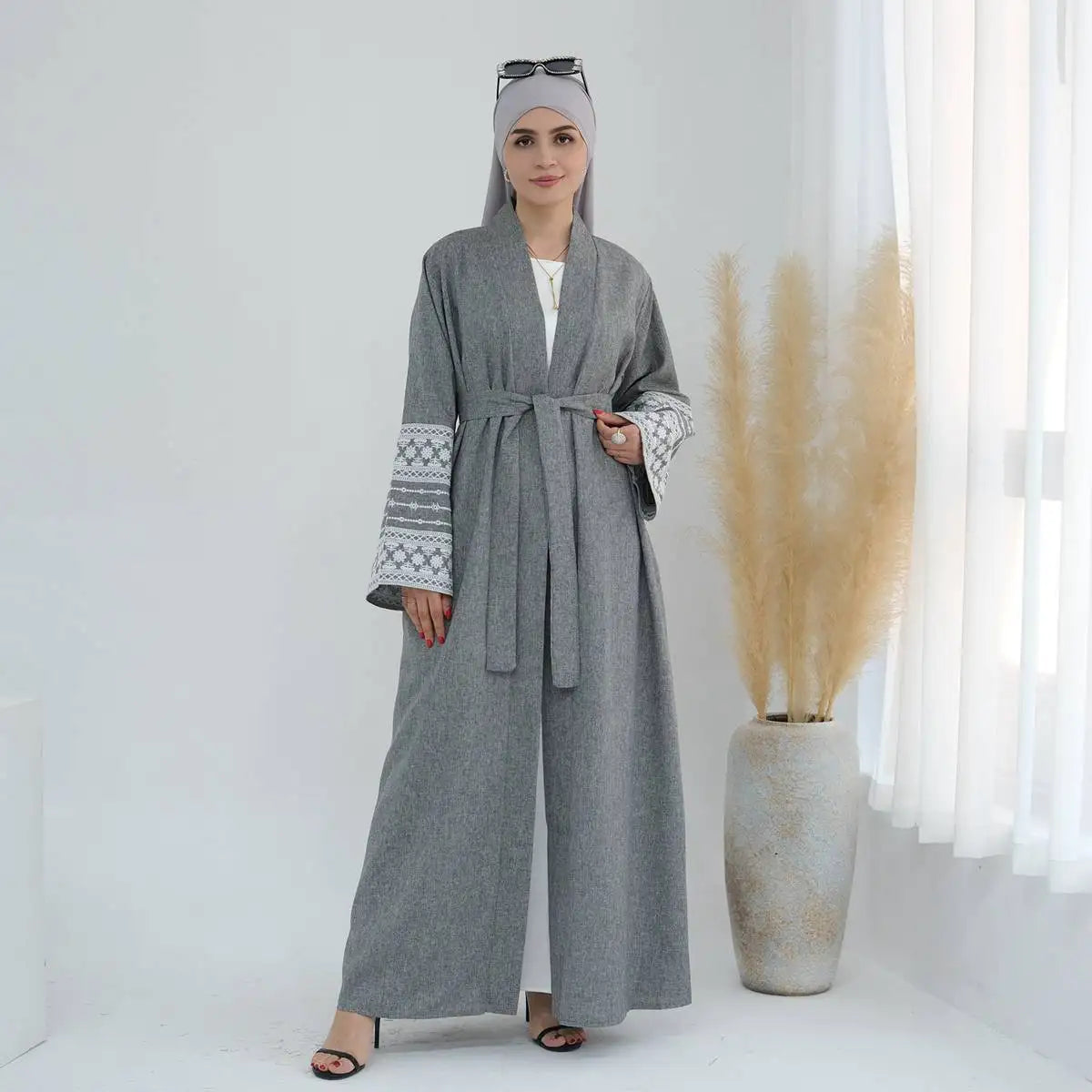 Embroidery Sleeve Cardigan Open Abaya Dress