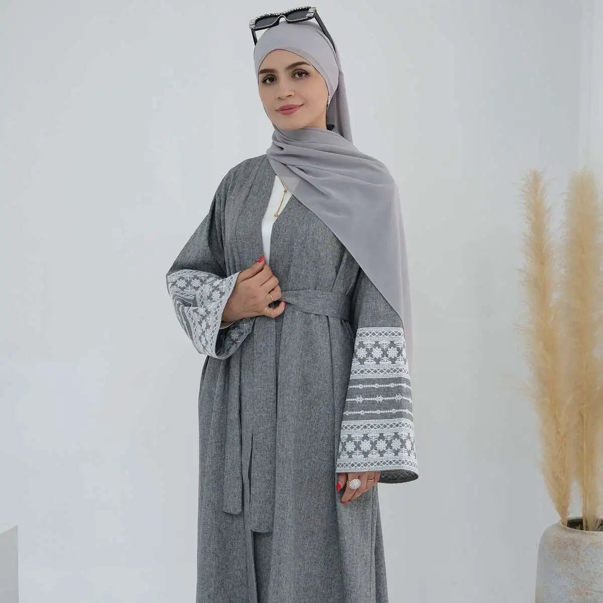 Embroidery Sleeve Cardigan Open Abaya Dress
