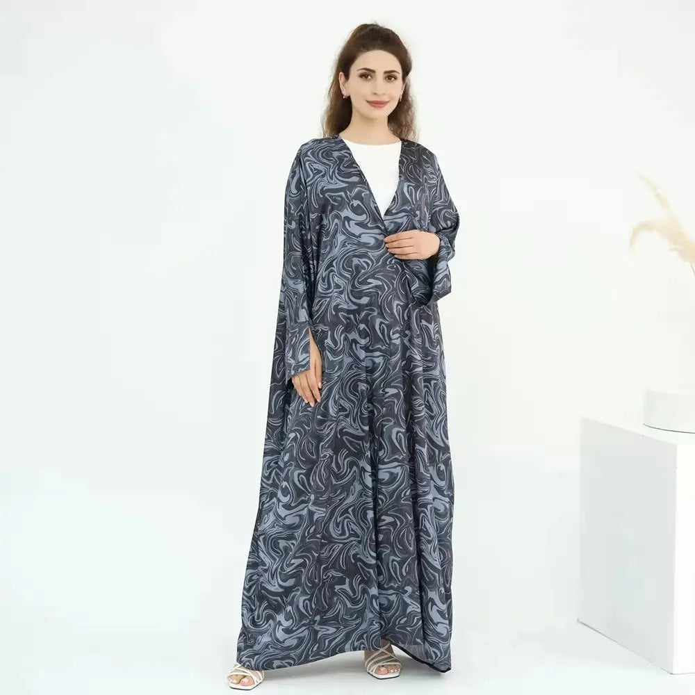 Printed Satin Cardigan Open Abaya Dress #25976