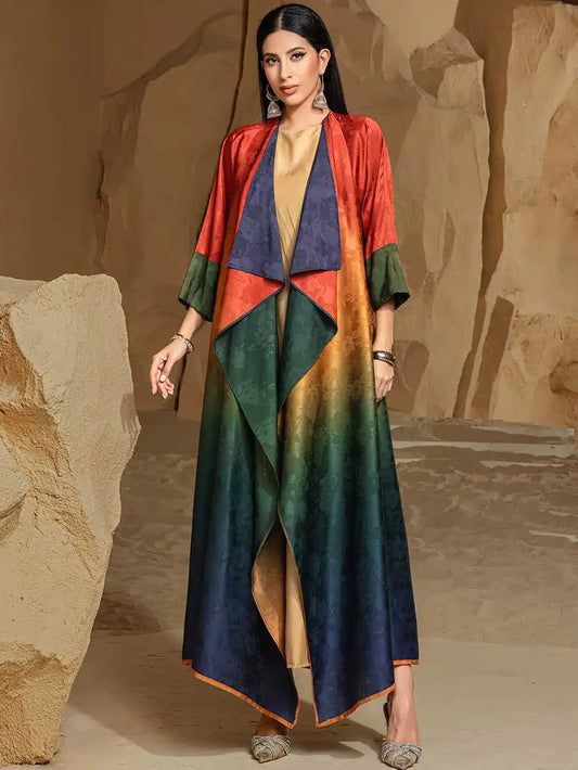 Reversible Cardigan Open Abaya Dress - Jacquard - Gradient Satin - #255034