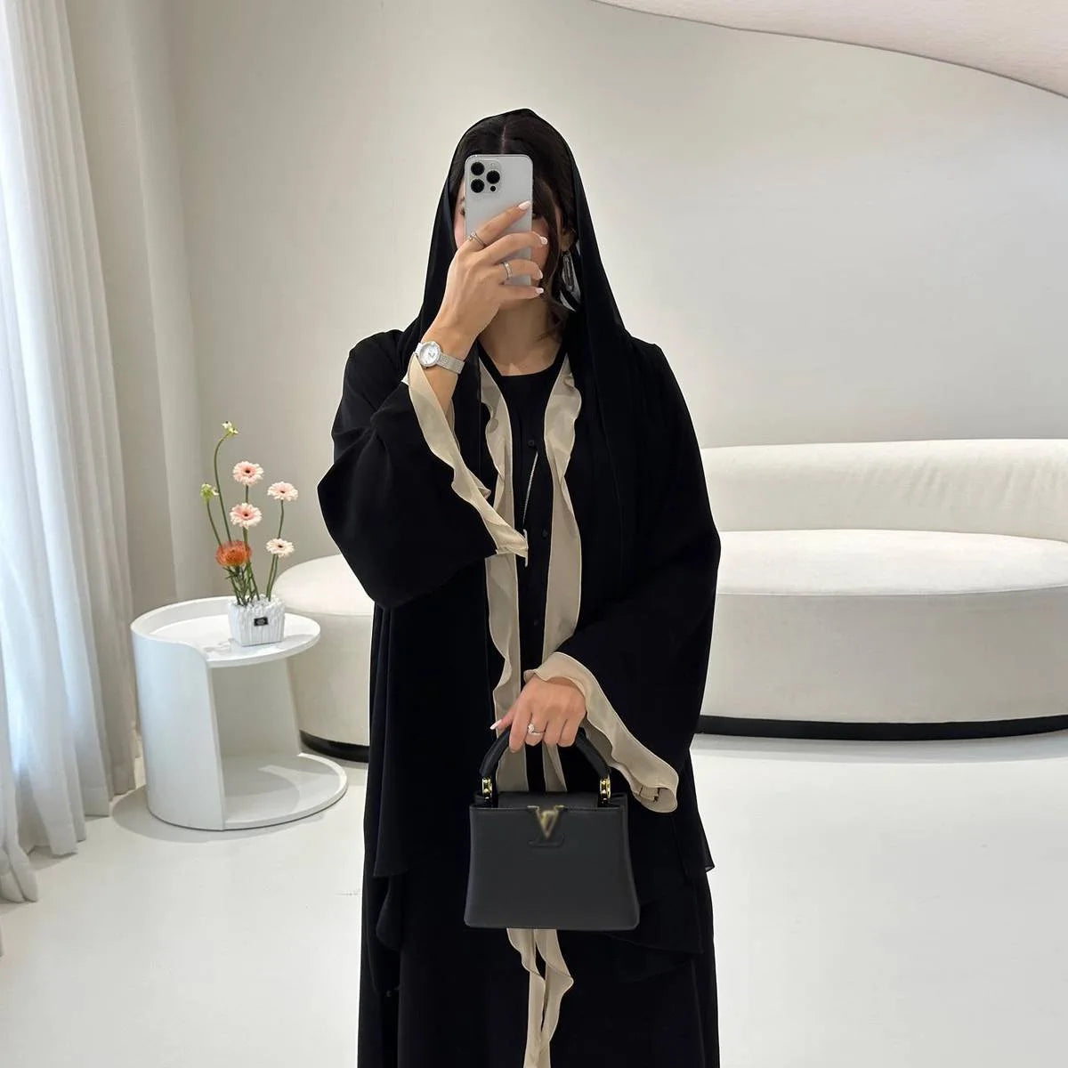 Cardigan Open Abaya Dress - Flounced - Black - #25179