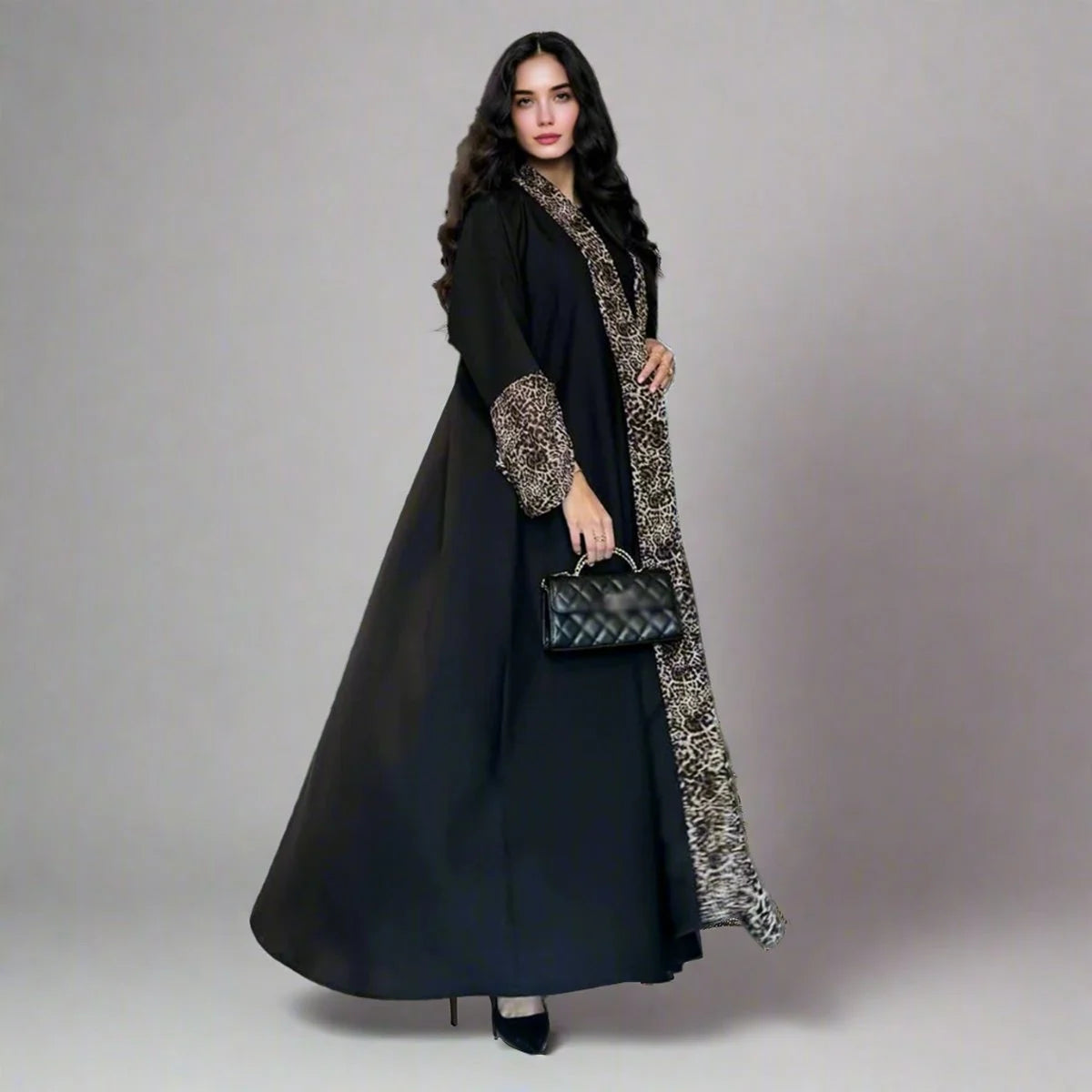 Leopard Printed Cardigan Open Abaya Dress With Matching Hijab #25194