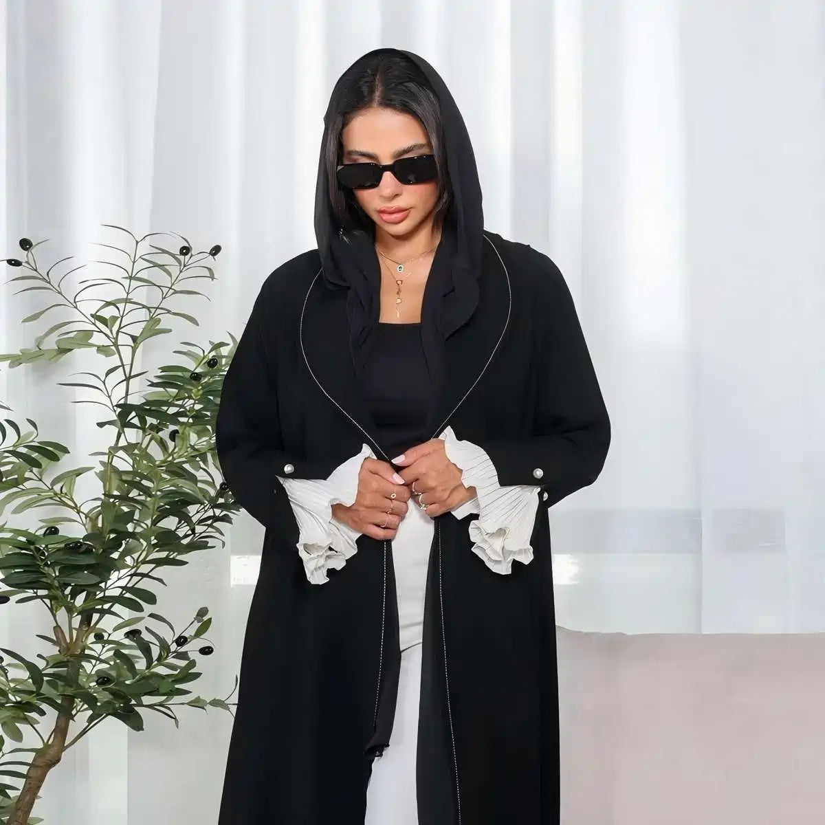 Cardigan Open Abaya Dress - Pleated Sleeve - Black - #25170