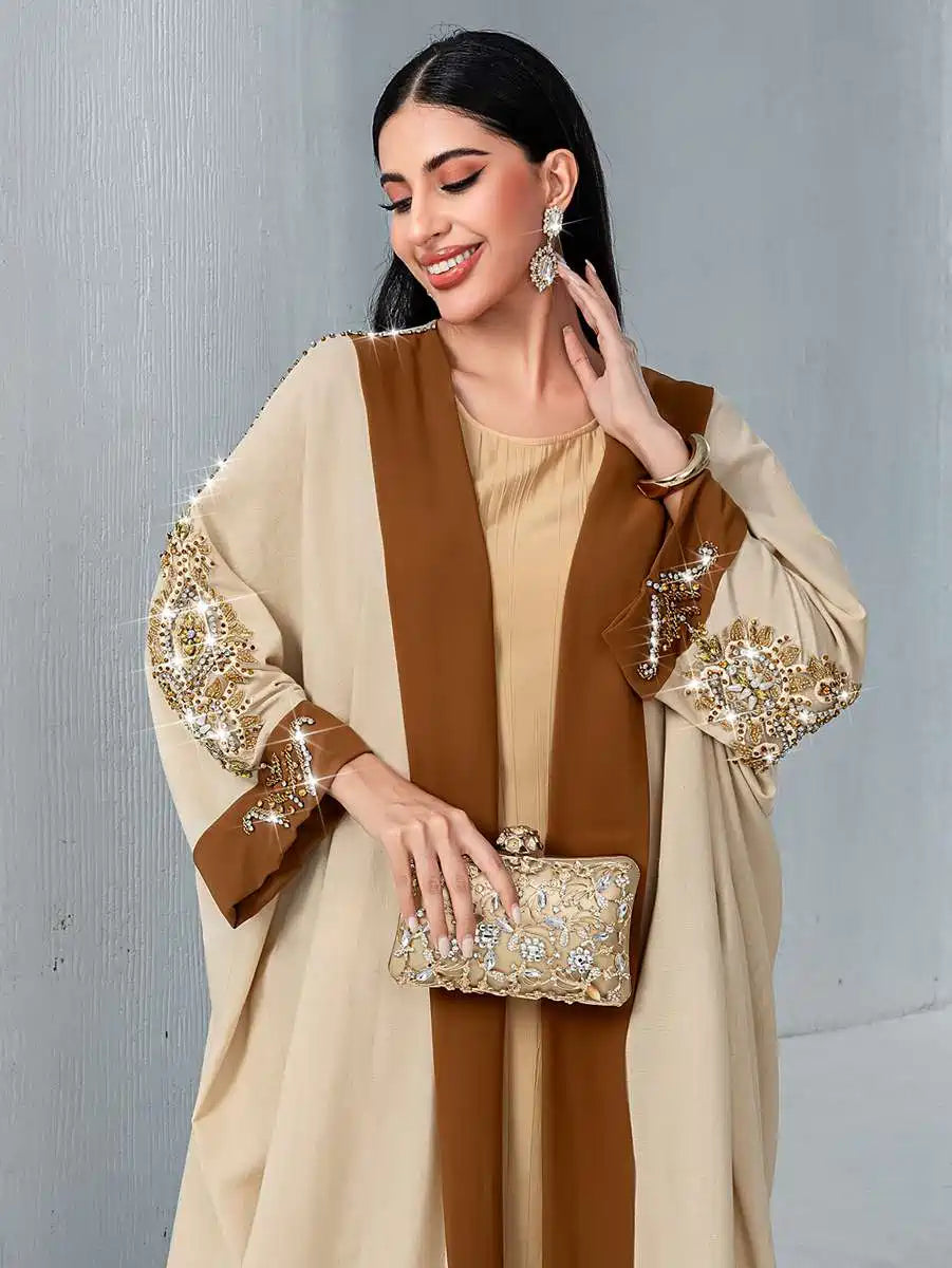 Hand-stitched Rhinestone Cardigan Embroidery Open Abaya Dress #255032