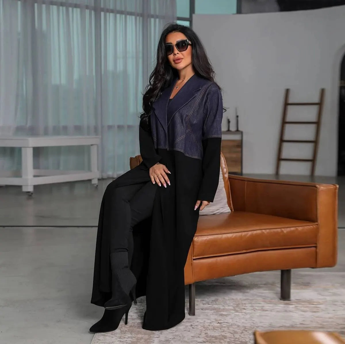 Cardigan Open Abaya Dress - Denim Patchwork - #25183