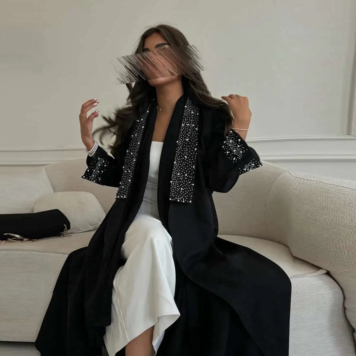 Hotfix Rhinestone Cardigan Open Abaya Dress #24169