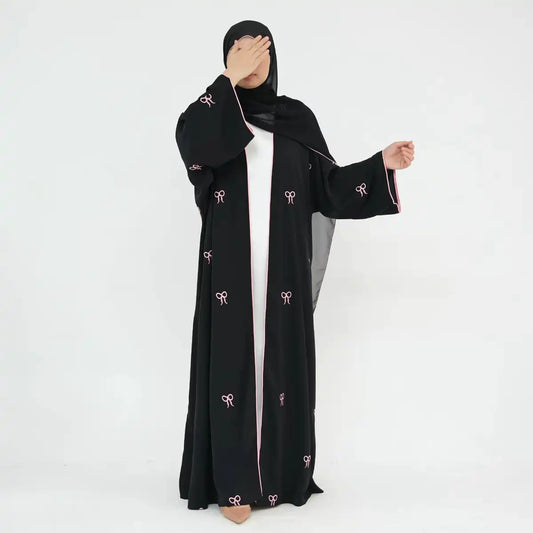 Bow Embroidery Nida Cardigan Open Abaya Dress #241910