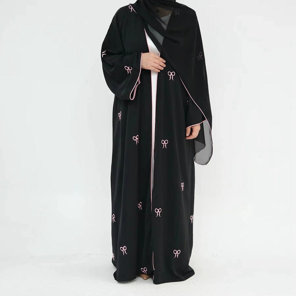 Bow Embroidery Nida Cardigan Open Abaya Dress #241910