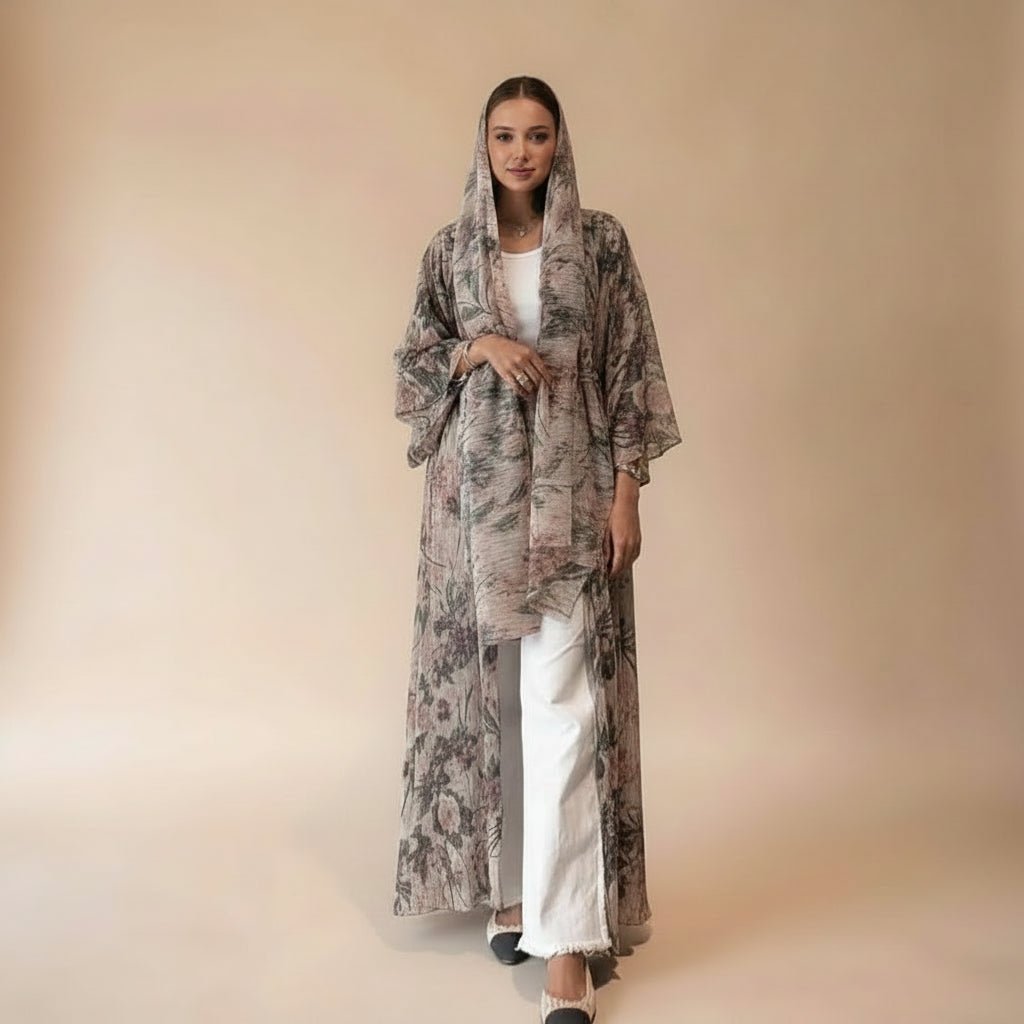 pleated abaya dress Grey Pleated Abaya Hijab Set 58 56-58