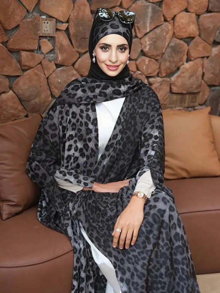 Gray Leopard Print Cardigan Open Abaya Dress #25975