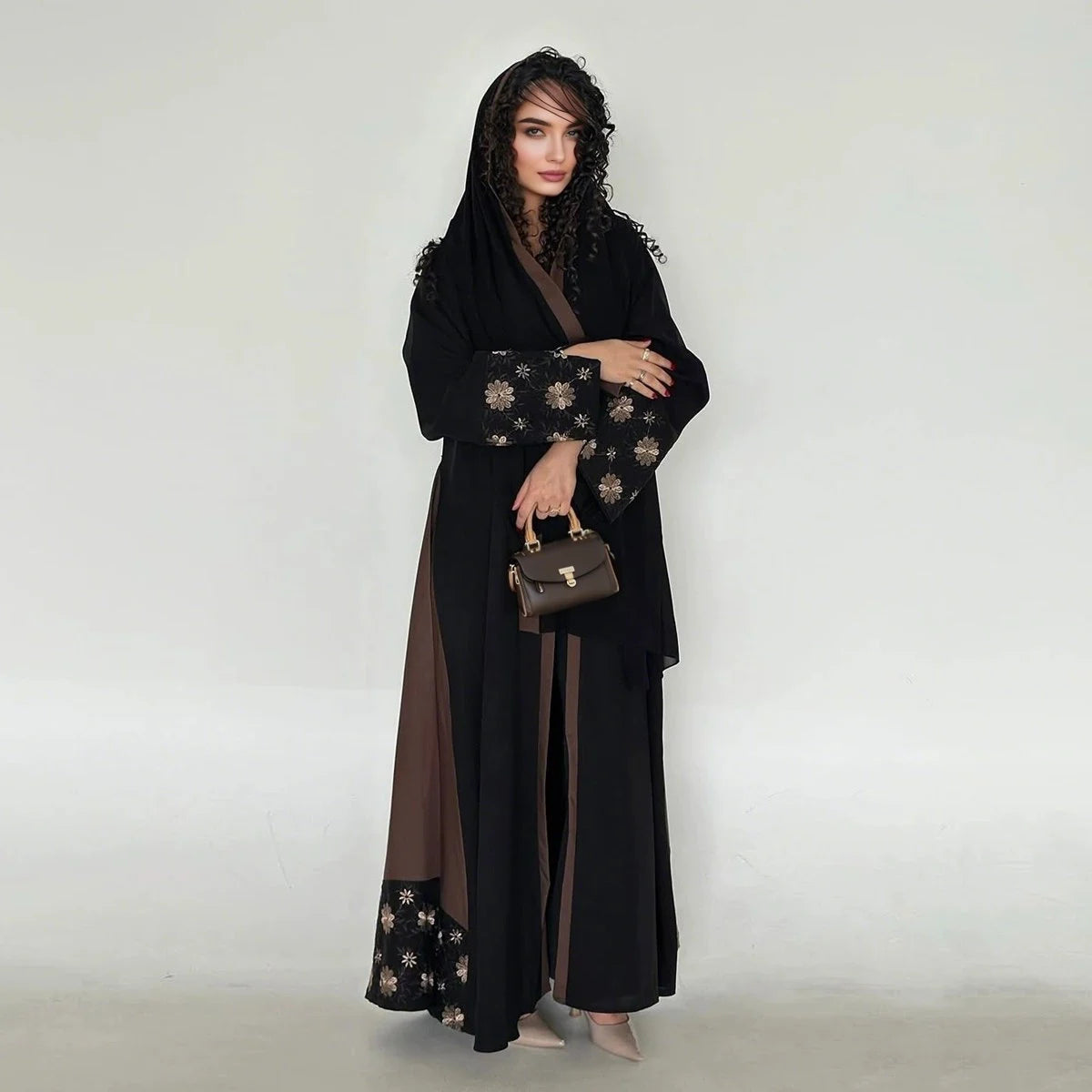 Cardigan Open Abaya Dress - Embroidered Flower - Brown - #25187