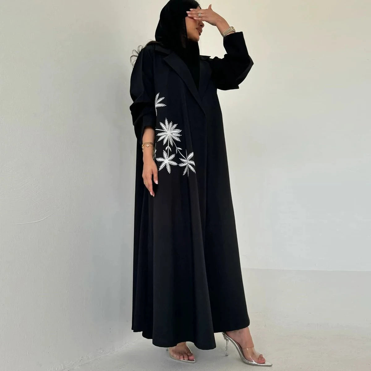 Cardigan Open Abaya Dress - Embroidery - Black - #25196