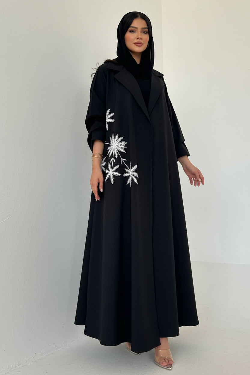 Cardigan Open Abaya Dress - Embroidery - Black - #25196