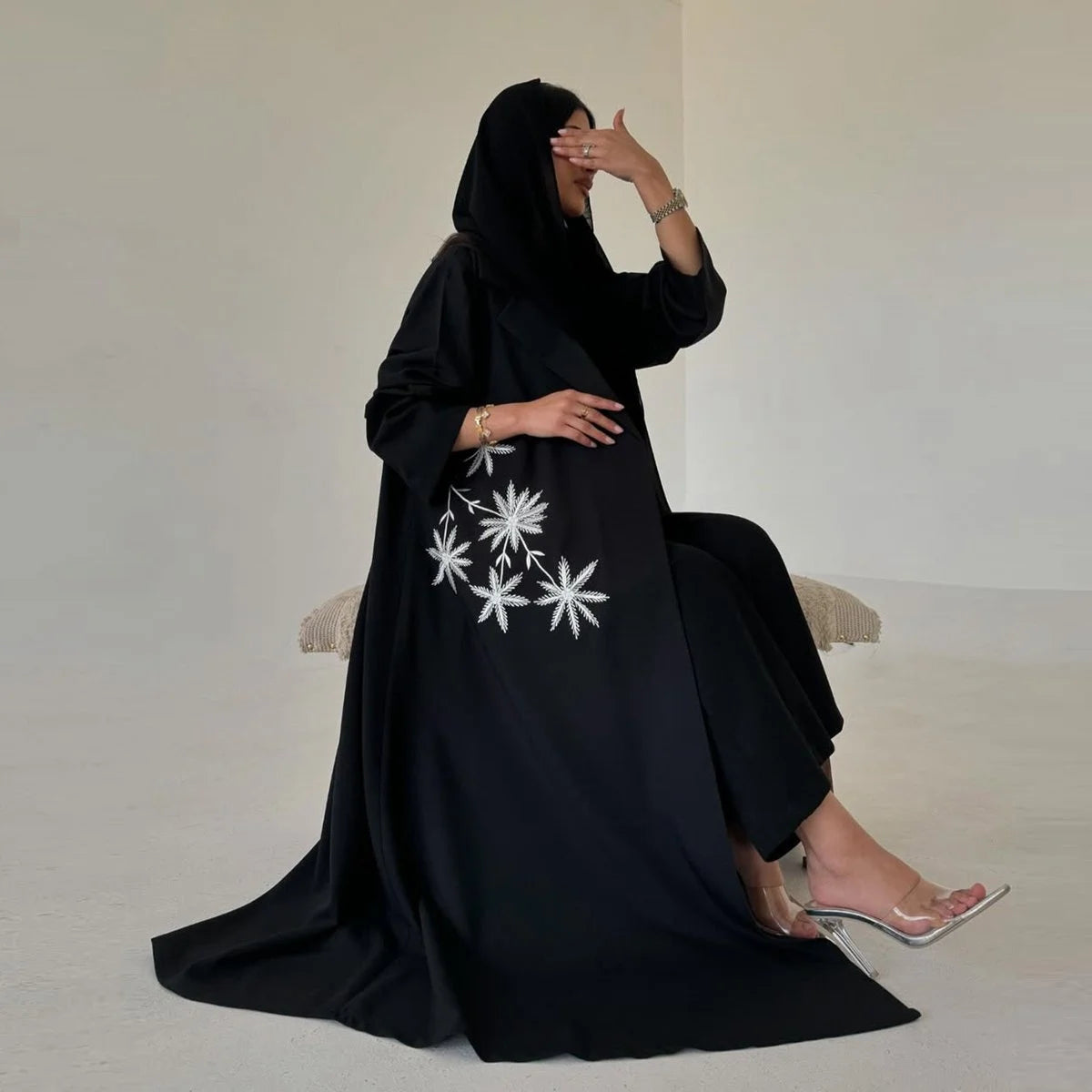 Cardigan Open Abaya Dress - Embroidery - Black - #25196
