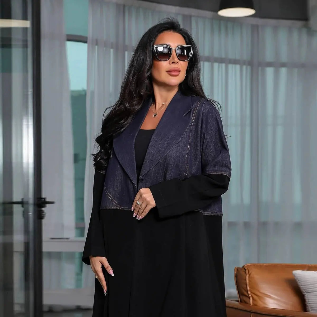 Cardigan Open Abaya Dress - Denim Patchwork - #25183