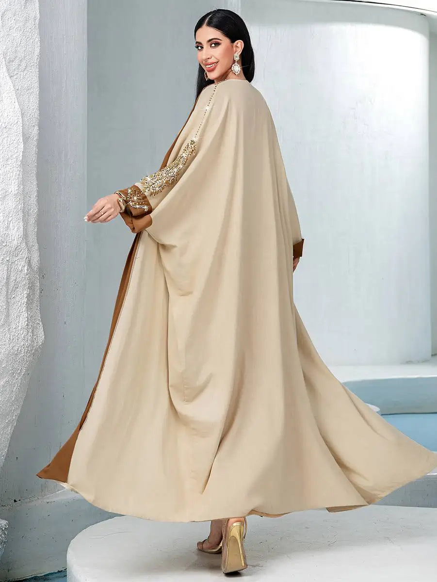 Hand-stitched Rhinestone Cardigan Embroidery Open Abaya Dress #255032