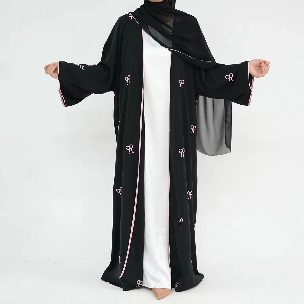 Bow Embroidery Nida Cardigan Open Abaya Dress #241910