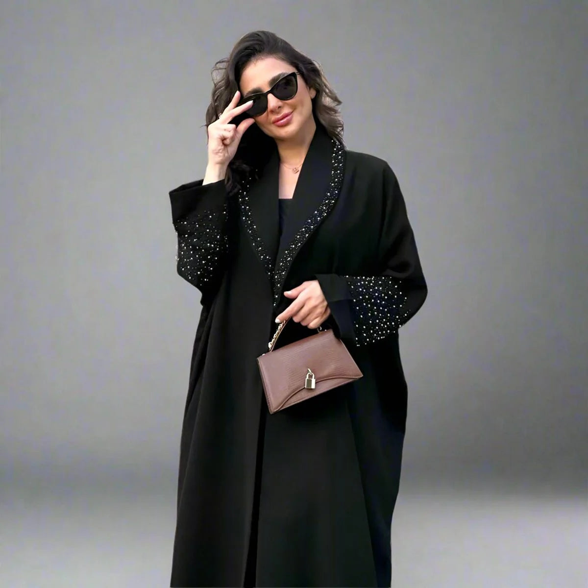 Hotfix Rhinestone Cardigan Open Abaya Dress - Black - #25206
