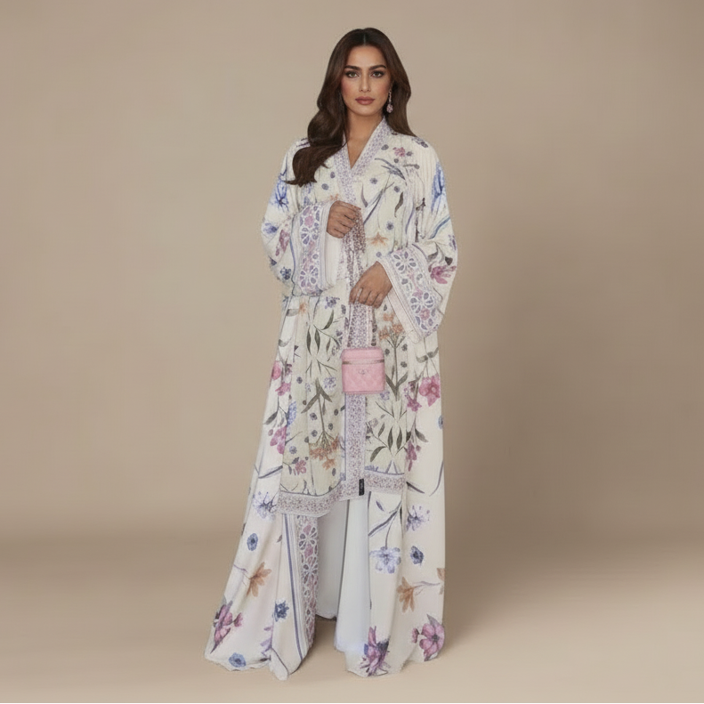 Printed Cardigan Open Abaya Dress With Matching Hijab #25223
